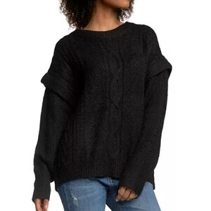 Elan Black Ruffle Drop Shoulder Long Sleeve Cable Knit Sweater Size Medium